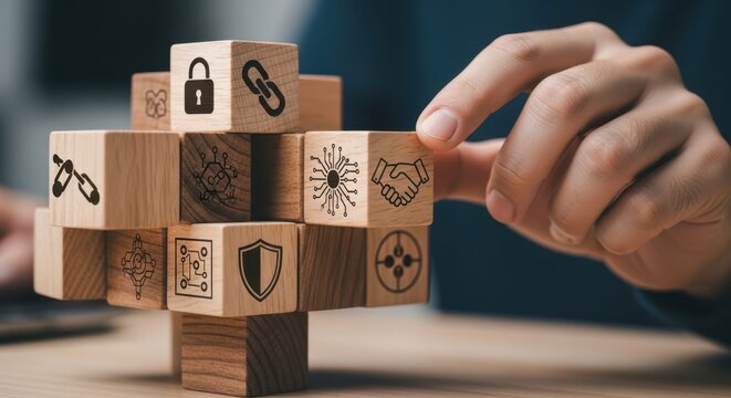 Blockchain technology adoption and creating a secure, interlocking cube structure using wooden cubes, symbolic icons, human hand, natural depth of field, soft blurred background, minimal desk backgrou