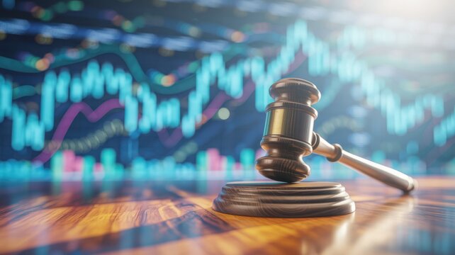 A judge's gavel rests on a wooden table before a blurry financial stock market chart.
