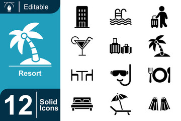 Collection of twelve solid resort icons featuring hotel, swimming pool, luggage, drinks, dining table, mask, snorkel, bed, lounge chair, umbrella, and flippers for travel and vacation themes © dhearr