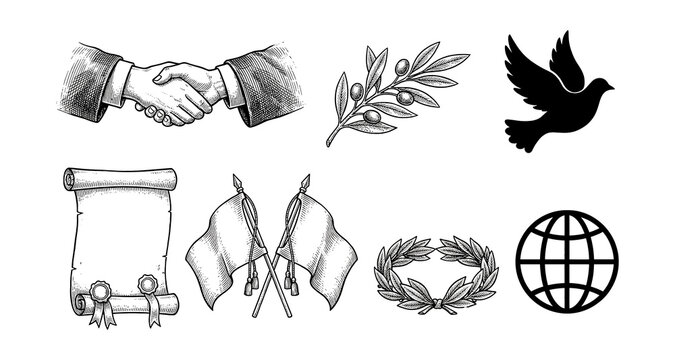 Old print diplomacy and peace symbols .