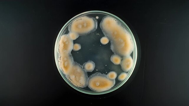 Petri dish with various bacterial colonies growing on agar gel