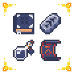 Fototapeta premium A set of pixel art magic icons: spellbook, ancient rune, potion flask, and scroll. Ideal for 2D RPG inventory, fantasy adventure UI, and wizard skill mechanics.