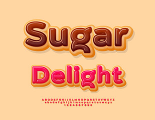 Obraz premium Vector Sweet sticker Sugar Delight. Delicious Font for Logo Design. Tasty Donut style Alphabet Letters and Numbers set. 