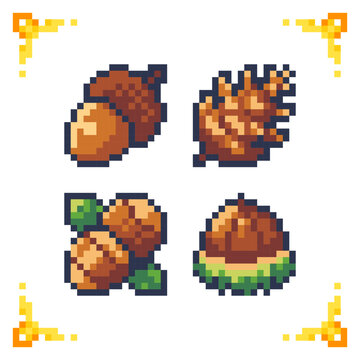 A set of pixel art icons featuring forest resources: acorn, pinecone, hazelnut, and chestnut. Ideal for survival foraging mechanics, crafting systems, and RPG inventory.