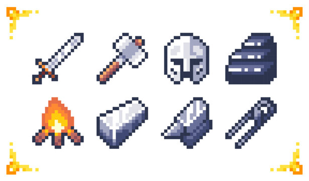 A set of pixel art blacksmith icons: sword, hammer, helmet, anvil, coal, campfire, iron ingot, and tongs. 8-bit forging assets for RPG inventory, weapon crafting mechanics, and UI design.