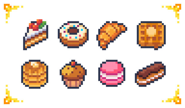 A set of pixel art pastry icons: cake, donut, croissant, waffle, and pancakes. Ideal for RPG food inventory, cooking simulator, and health recovery assets.