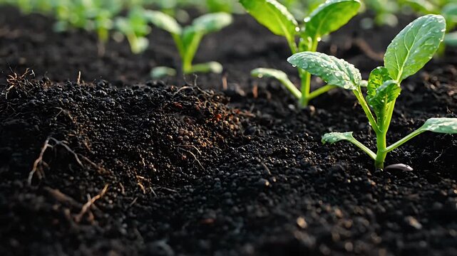 Sunlit Dew-Covered Young Seedlings in Rich Garden Soil