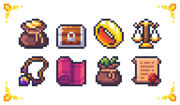 A set of pixel art merchant icons: coin bag, chest, ring, scales, fabric, amulet, and contract. 8-bit trading assets for RPG shop inventory, economy systems, and barter UI.