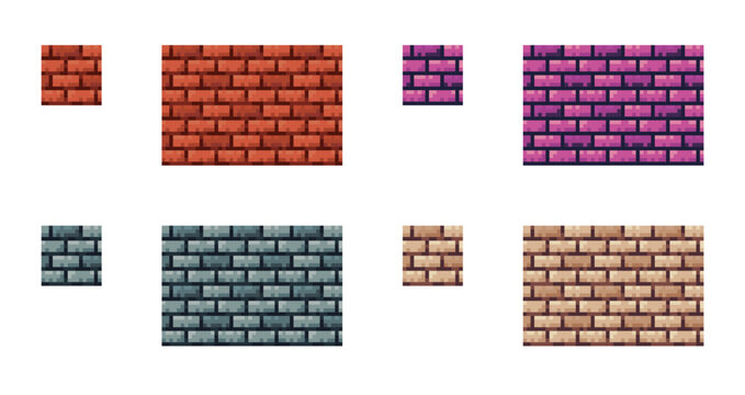 A set of pixel art seamless brick wall tiles. Red, purple, grey, and sand masonry textures for 2D platformer levels and dungeon backgrounds.