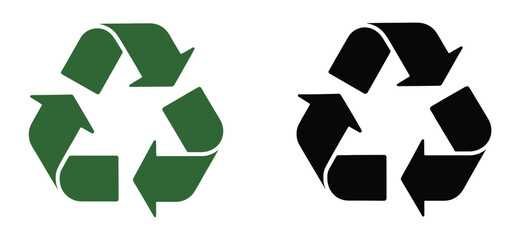 Recycling symbol in green and black color, featuring isolated recycle icons on white background for environmental and sustainability designs.