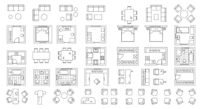 Floor Plan Furniture Outline Symbol Set in Thin Line Architectural Style