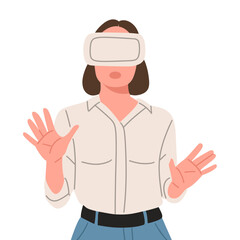 Obraz premium Flat vector illustration of people using VR or virtual reality headsets. Concept of metaverse, augmented reality, gaming, innovation, and future technology for apps, websites, and marketing