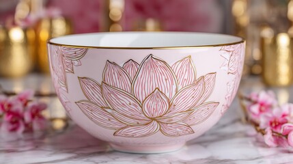Close-up of pink bowl with golden lotus design, resting on marble surface with soft background