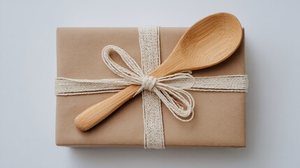 A wooden spoon rests on a wrapped brown box tied with a ribbon. Minimalist, top-down view