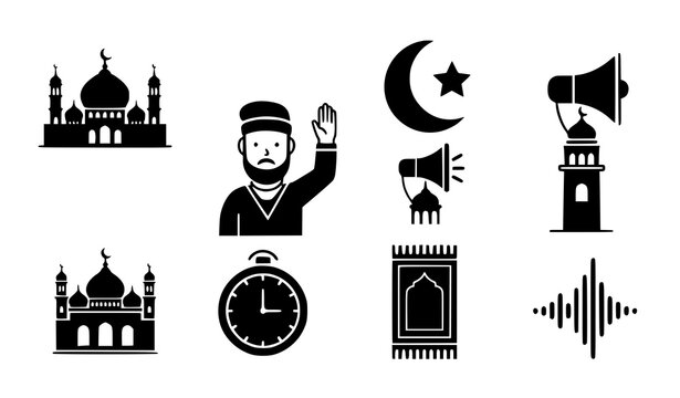 Adhan Call to Prayer Icon Set Islamic Mosque Silhouette Vector Collection Transparent Background