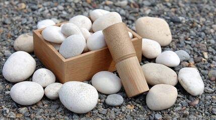 Wooden box overflowing with white stones, accompanied by a bamboo cylinder, on gravel