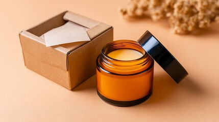 Amber jar of cream with open lid beside small, unfolded cardboard box and dried plants