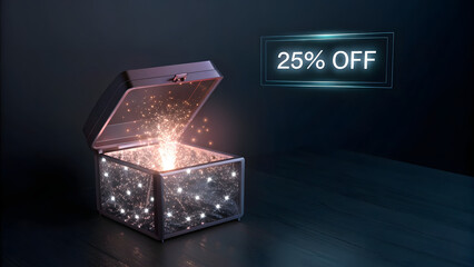 Obraz premium Open luxury crystal gift box with glowing light and 25 percent discount banner on dark background