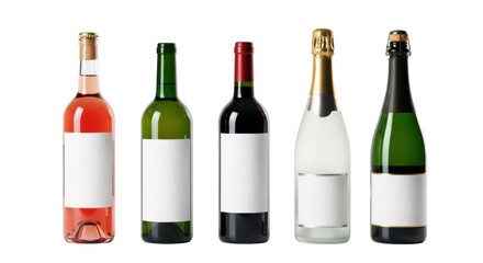 A row of six luxury wine and champagne bottles with blank labels for copy space on a seamless bright white background. Commercial product advertising concept