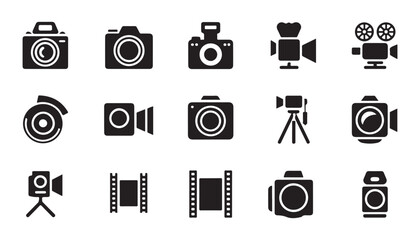 Arrangement of camera and video recording icons, representing modern and vintage equipment for visual media capture