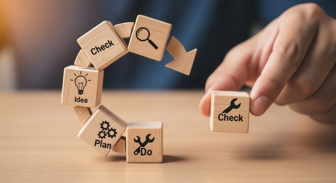 Continuous improvement cycle and showing cubes arranged in an endless loop using wooden cubes, symbolic icons, human hand, natural depth of field, soft blurred background, minimal desk background.