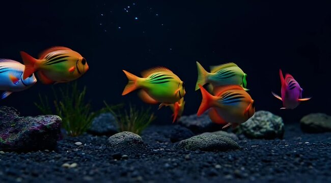 School of vibrant tropical fish with gradient colors and black stripes swimming in a dark aquarium