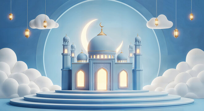 Serene blue mosque on cloudy steps with hanging lanterns