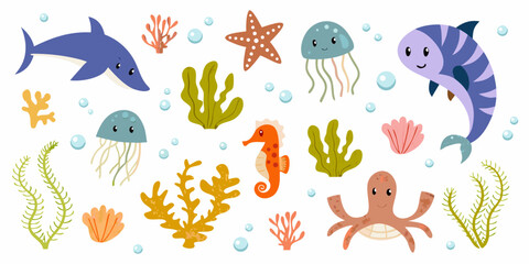 Colorful cartoon illustration of various marine life and ocean plants
