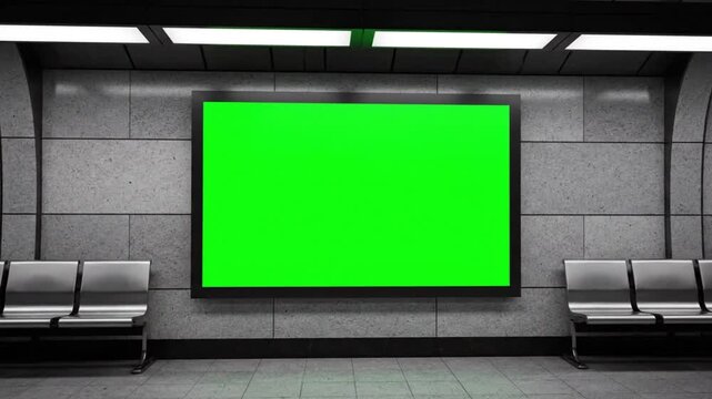 Modern subway station with empty green billboard and benches