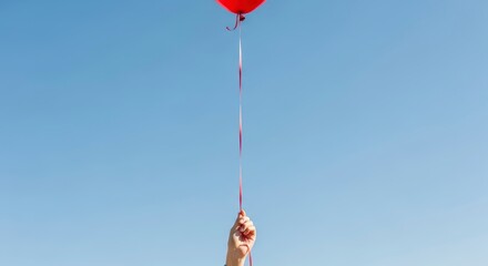 Young Girl Holding Red Balloon in Sky.