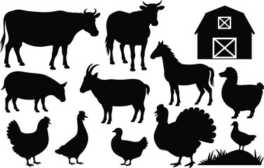 Fototapeta premium Farm animal silhouette collection with cow, horse, goat, pig, poultry and barn, black livestock shapes isolated on white background, agriculture illustration set