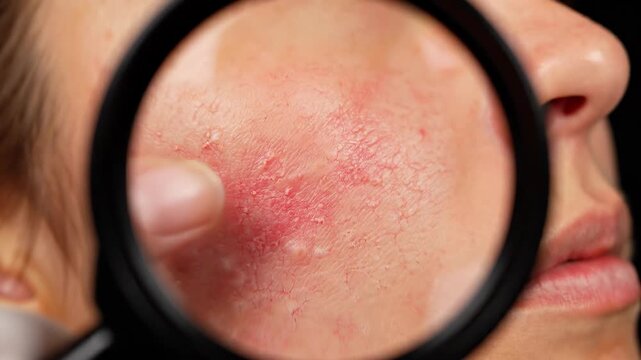 Extreme close-up of a dermatologist examining a red, scaly skin rash on a patient's face through a magnifying glass. Concept of skin disease, rosacea, eczema, and clinical diagnosis.