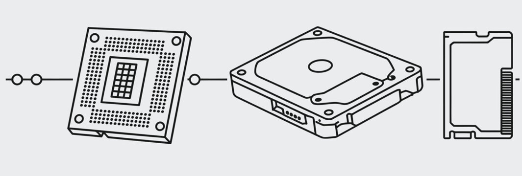 Close-up isometric line art of computer internal components: a CPU socket on a motherboard, a hard disk drive (HDD), and a solid-state drive (SSD), for data storage and processing concepts.