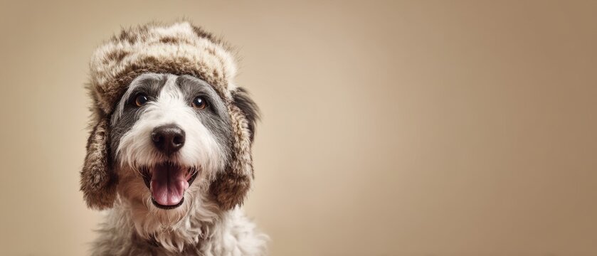 The dog wearing a fur trapper hat smiling with tongue out against neutral background