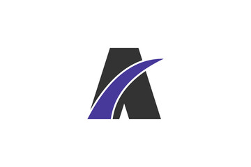 Modern abstract letter A logo with dynamic purple swoosh, bold black typography, creative branding template