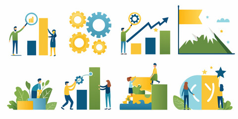 Obraz premium Business growth and success illustrated with people and mechanical elements