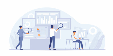 Data analysis team examining charts and graphs with modern technology