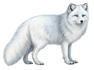 Obraz premium Arctic fox standing gracefully in a serene winter landscape, showcasing its beautiful white fur and piercing blue eyes in a moment of quiet observation arctic, fox, animal, wildlife, winter, snow, whi