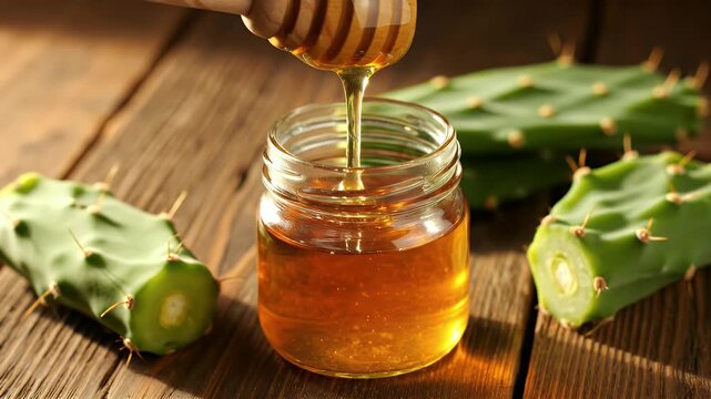 Golden Honey Pouring into Jar with Green Cactus Pads on Wood Background. Natural Light. Sweetener Adds Flavor to Food