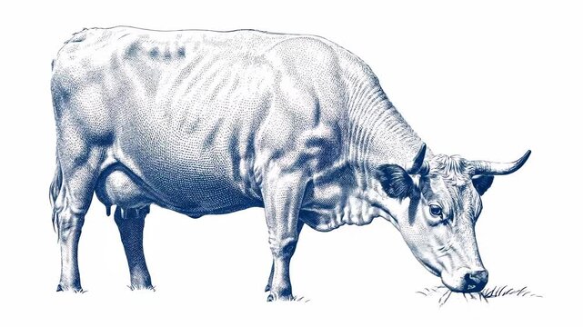 Vintage 19th-century style engraving animation of a cow grazing on a white background. Blue ink cross-hatching technique, classical agricultural illustration.