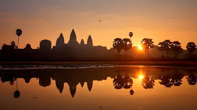 Sunrise over Angkor Wat temple reflecting in tranquil water