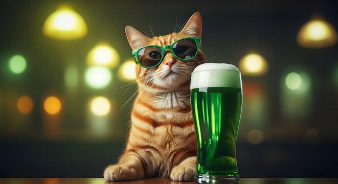 Whimsical feline celebrates st patrick's day with green beer cat in sunglasses enjoys irish holiday cheer