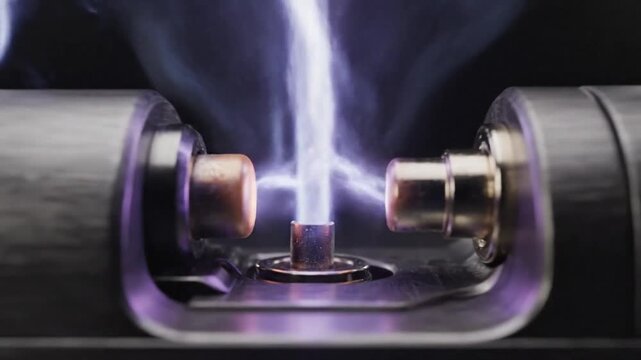 Intense High Voltage Electrical Arc Discharging Between Electrodes Close Up.