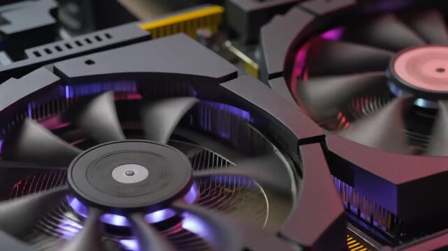 Close-up of computer cooling fans with colorful lights