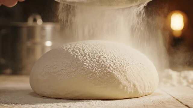 Baker sifting flour onto raw dough for baking bread on a wooden table