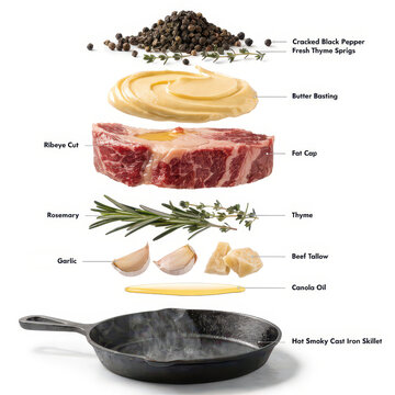 Raw Ribeye Steak with Butter Basting, Garlic, Rosemary, Thyme, Cracked Black Pepper and Cast Iron Skillet Isolated on White Background, premium cooking guide, culinary display, education content