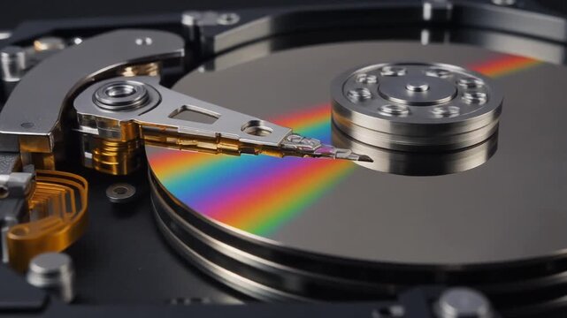 Close-up of a computer's internal hard drive with rainbow-colored disk