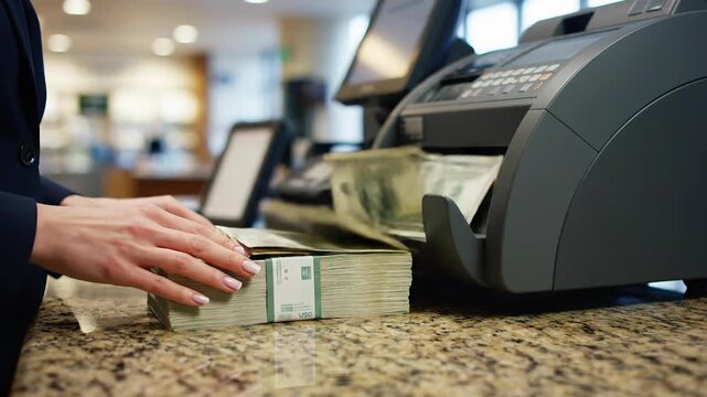 Bank teller counting large stack of US dollar bills with money counter machine