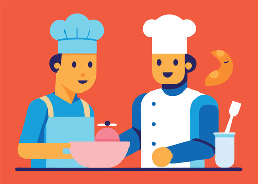 A professional human chef and an AI robot chef collaborate, mixing ingredients in a bowl on a kitchen counter.