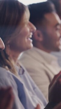 Applause, audience and conference with business people in auditorium for presentation or training. Development, seminar and workshop with corporate group clapping in crowd at symposium for success